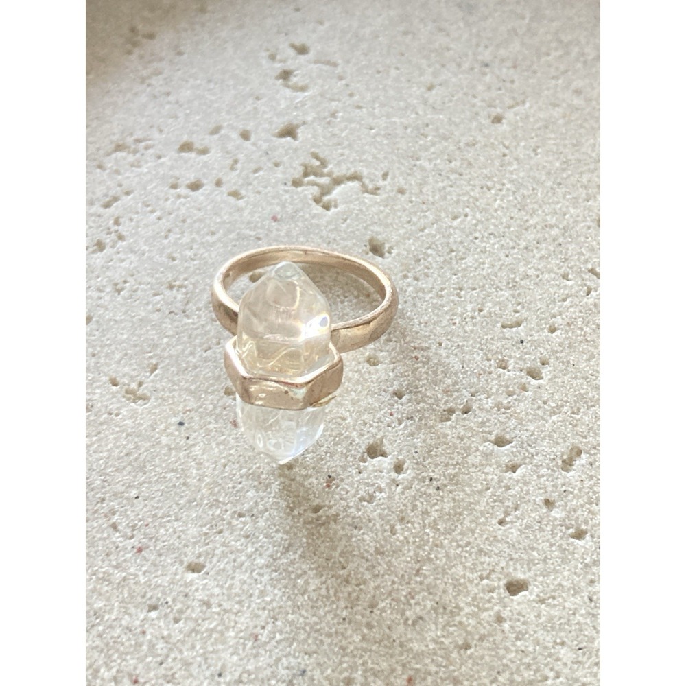 Gold Tone Clear Crystal Point Ring Faux Quartz Boho Statement Whimsical Fairy